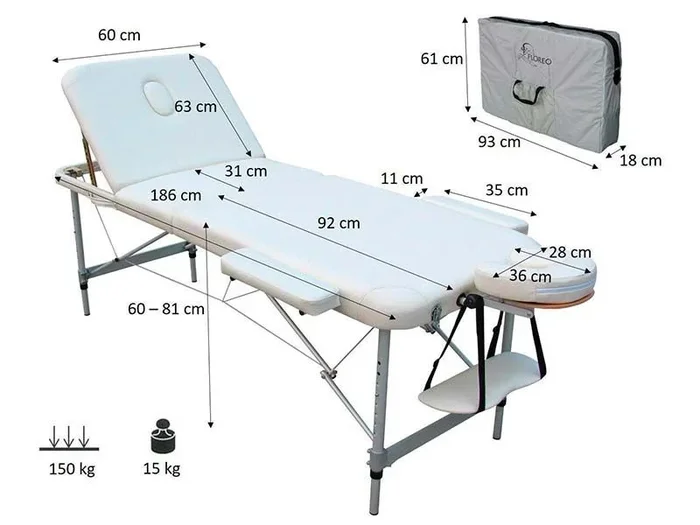 Camilla de masaje pieghevole in alluminio 60 cm MERCURIO con schienale reclinabile