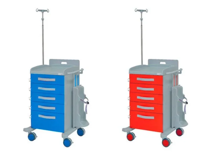 Carro emergencias 5 cajones, tabla masaje cardíaco, soporte oxígeno y suero
