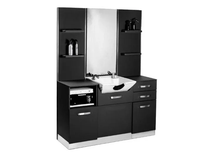 Consola de barbero Gabbiano con lavabo negro y espejo grande