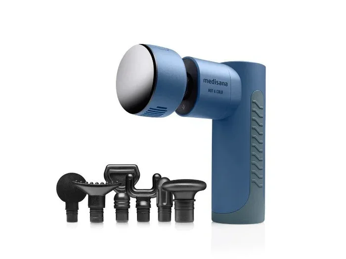 medisana MG 150 Mini pistola de masaje con 6 cabezales de masaje y 5 niveles de vibración, automasaje para hombros, pecho, espalda con luz indicadora LED y bolsa de almacenamiento