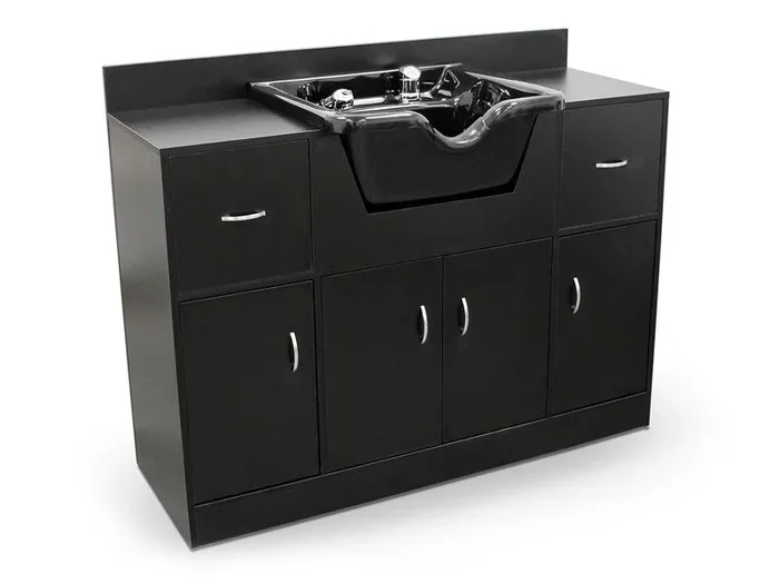 Mueble lavacabezas para barbería con cajones y estantes