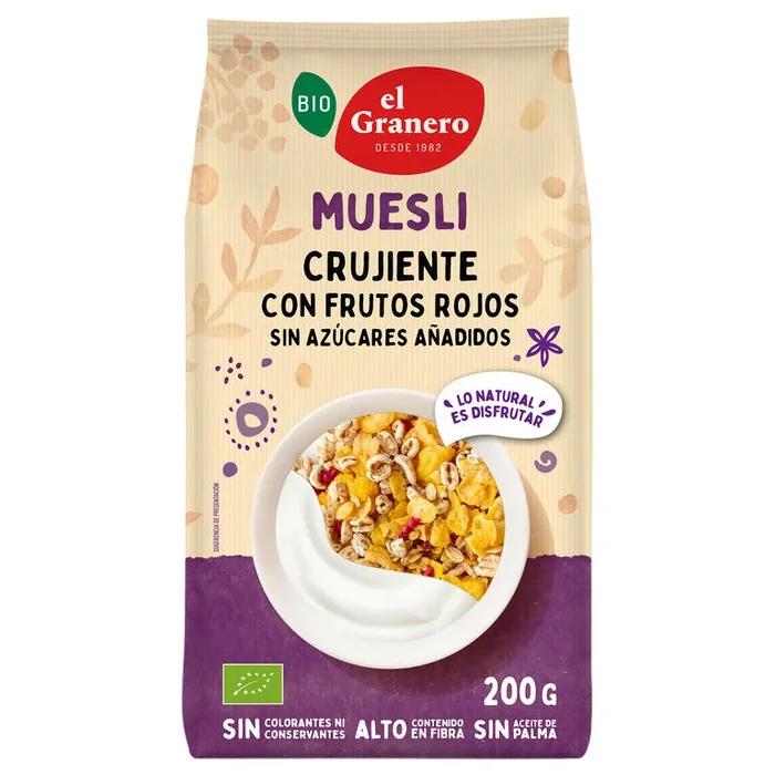 Muesli Crujiente con Frutos Rojos Bio · El Granero Integral · 200 gramos
